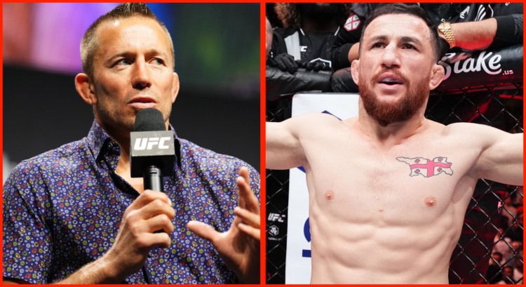 Split image of Georges St-Pierre during a Q+A ahead of UFC 290, opposite Merab Dvalishvili during his introduction at UFC 298.
