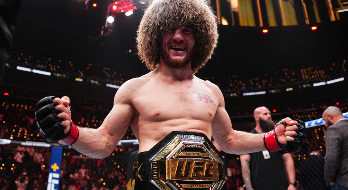 Merab Dvalishvili reacts after defeating Umar Nurmagomedov at UFC 311.