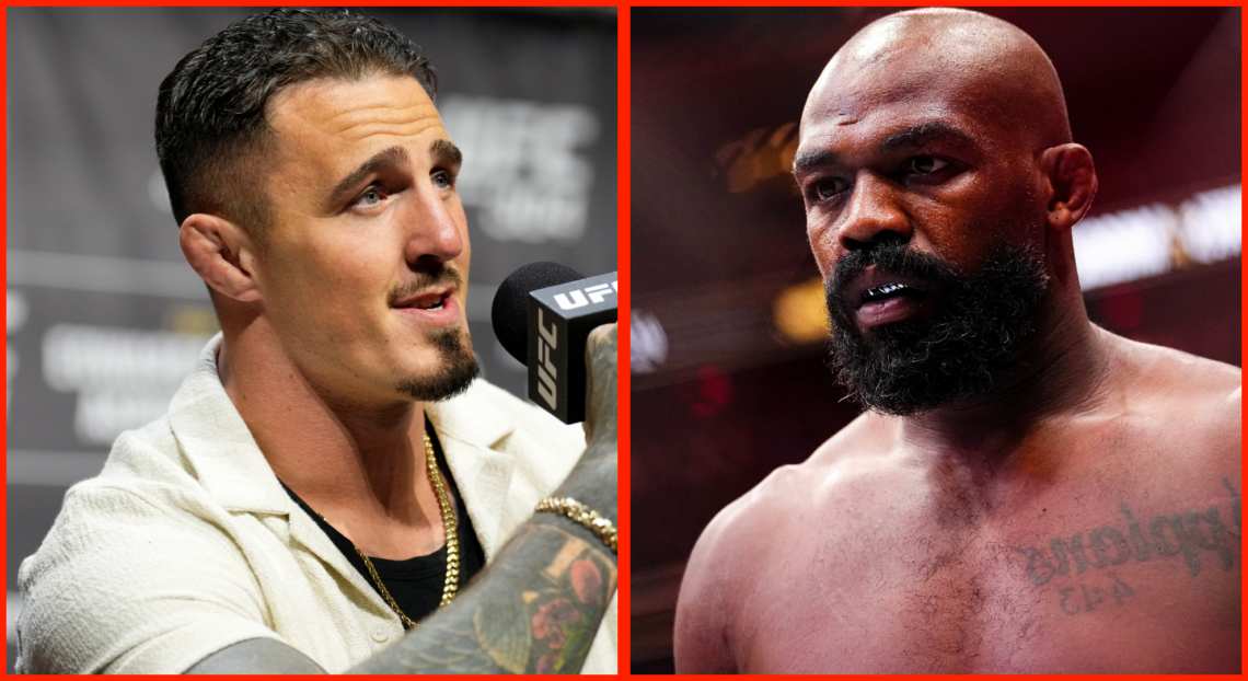 Split image of Tom Aspinall speaking at the UFC 304 pre-fight press conference, opposite Jon Jones entering the Octagon at UFC 309.