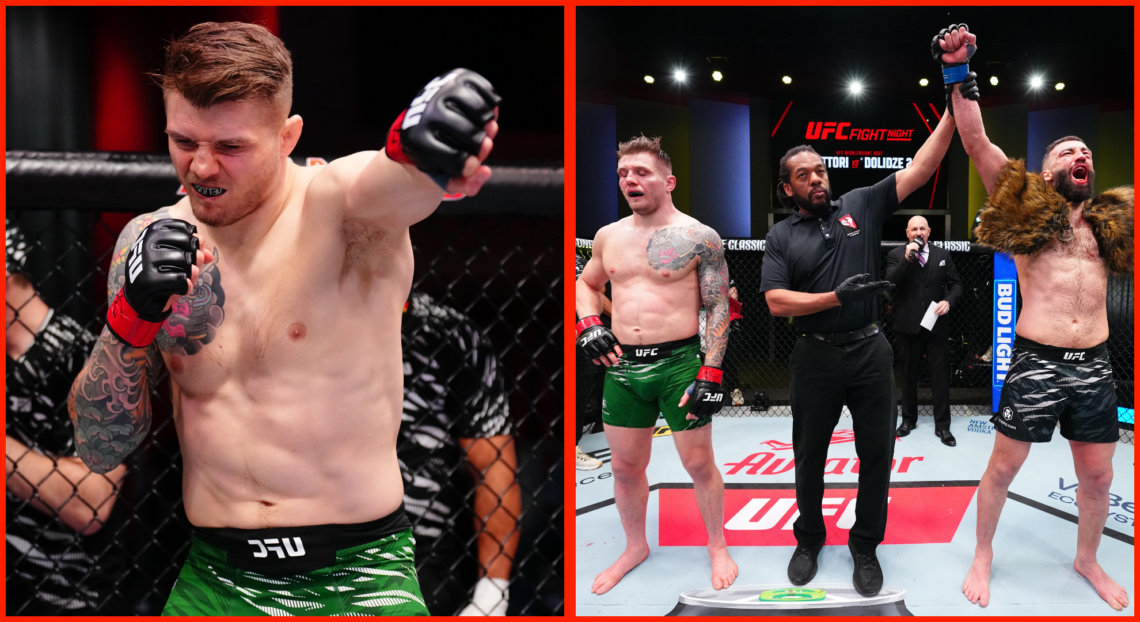 Split image of Marvin Vettori during his UFC Vegas 104 introduction, opposite Roman Dolidze getting his hand raised vs. Vettori.