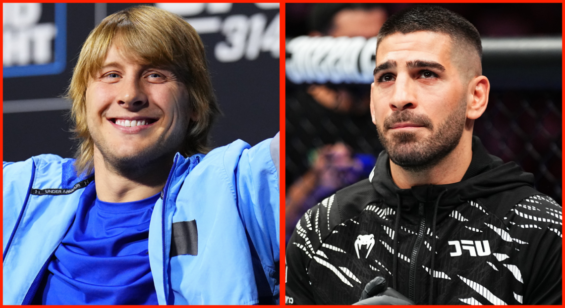 Split image of Paddy Pimblett at the UFC 304 press conference, opposite Ilia Topuria while cornering a teammate at UFC 312.