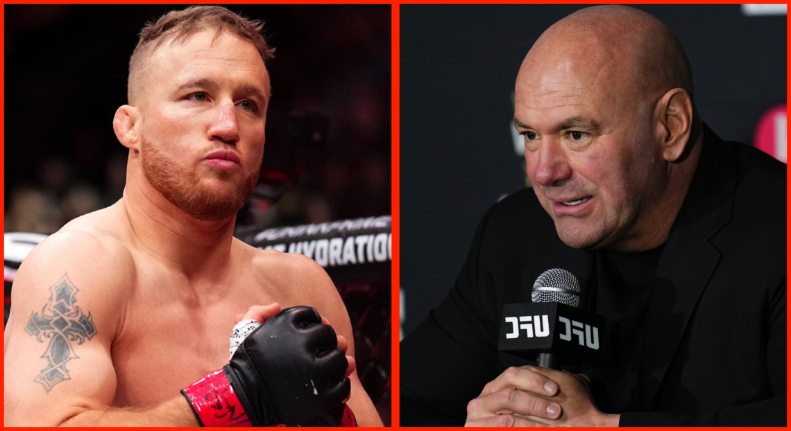 Split image of Justin Gaethje walking out at UFC 313, opposite Dana White at the UFC 313 post-fight press conference.