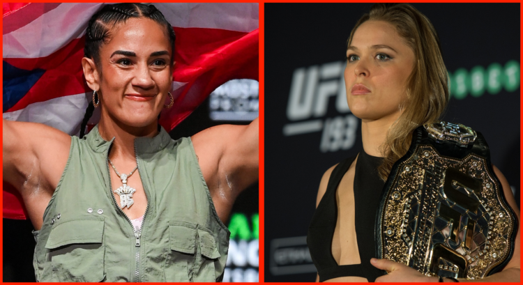 Split image of Amanda Serrano posing at the Jake Paul vs. Mike Tyson weigh-in, opposite Ronda Rousey at UFC 193 Ultimate Media Day.