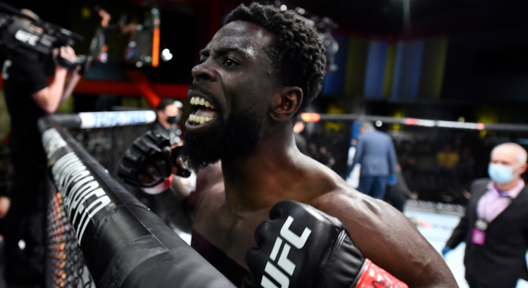 Chidi Njokuani reacts after finishing Marc-Andre Barriault.