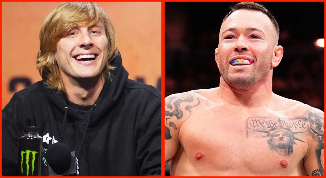 Split image of Paddy Pimblett at the UFC 304 press conference, opposite Colby Covington entering the cage to fight Joaquin Buckley.