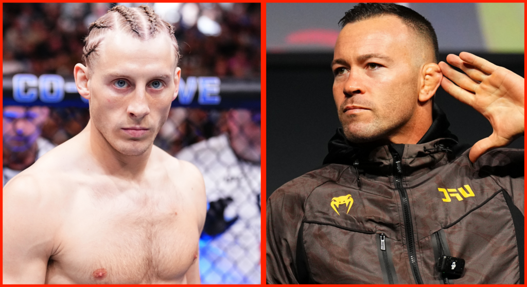 Split image of Paddy Pimblett staring down Bobby Green at UFC 304, opposite Colby Covington posing at the UFC Tampa ceremonial weigh-in.