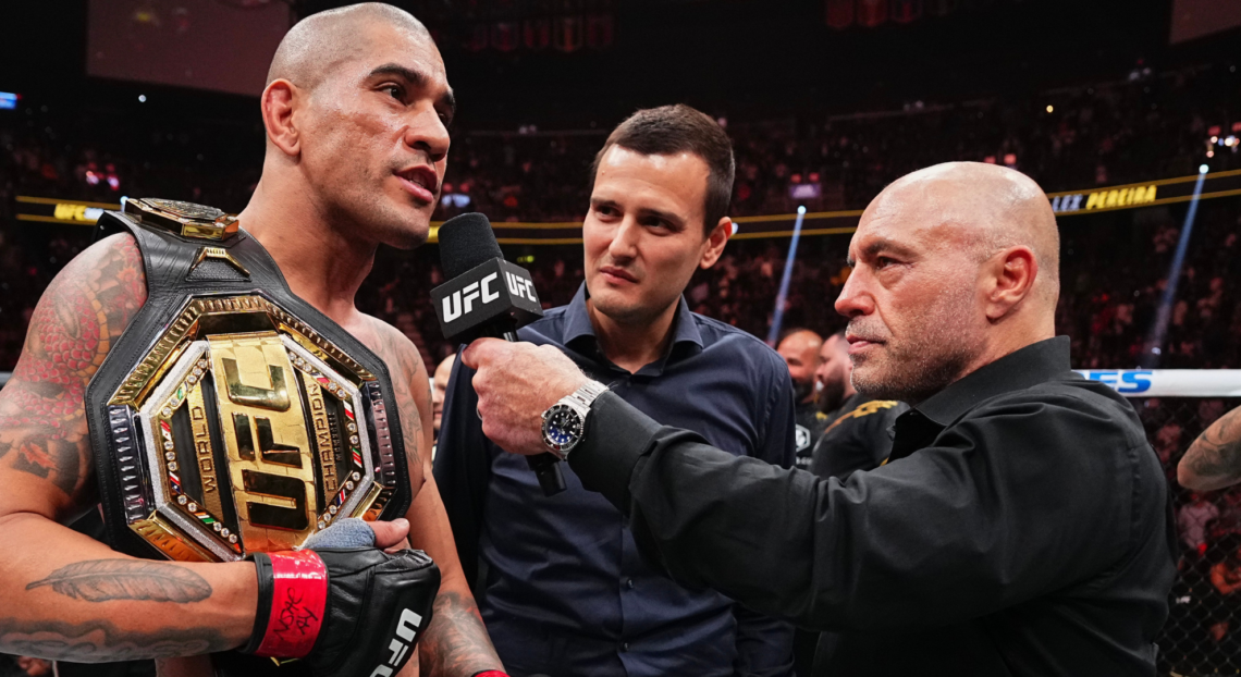 Alex Pereira speaks with Joe Rogan after a win at UFC 307.