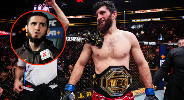 Magomed Ankalaev of Russia reacts after a unanimous-decision victory against Alex Pereira of Brazil in the UFC light heavyweight championship fight...