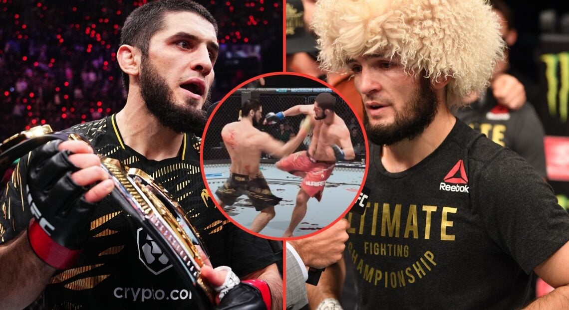 Split image of Islam Makhachev and Khabib Nurmagomedov after UFC title wins with an inset from a UFC 5 video game simulation