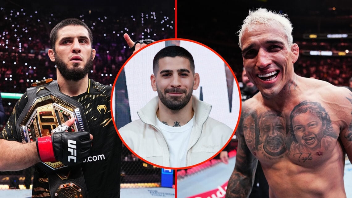 Split image of Islam Makhachev of Russia reacts after a submission victory against Renato Moicano of Brazil in the UFC lightweight championship fig...