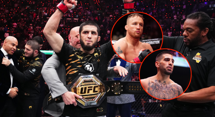 Islam Makhachev with bubbles showing Justin Gaethje and Ilia Topuria