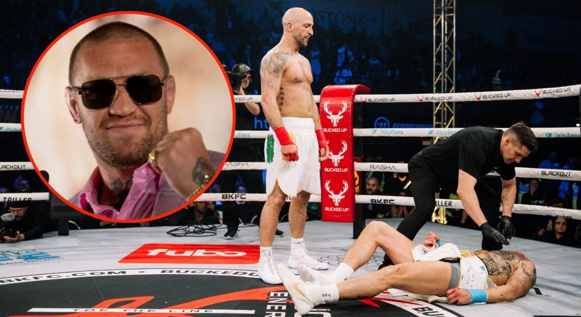 Image of Conor Cooke standing over his KO'd opponent with an inset of Conor McGregor