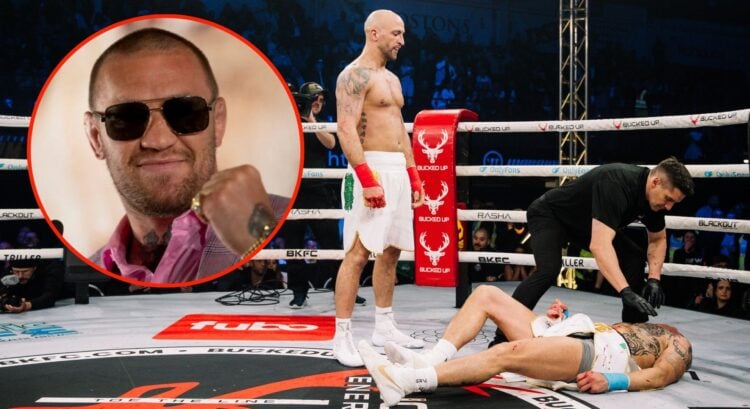 Image of Conor Cooke standing over his KO'd opponent with an inset of Conor McGregor