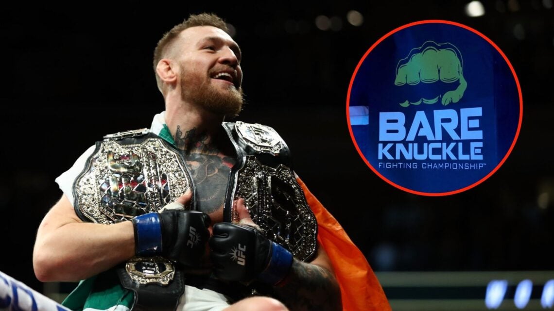 Pop out of former UFC double champion Conor McGregor and the BKFC logo ringside.