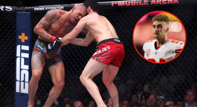 Image of Alex Pereira and Magomed Ankalaev battling in the clinch at UFC 313, inset Gehrig Dieter walking off the field after an NFL preseason game.