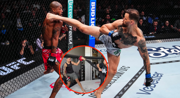 Image of Mauricio Ruffy kicking King Green at UFC 313, inset Ruffy kicking pads.