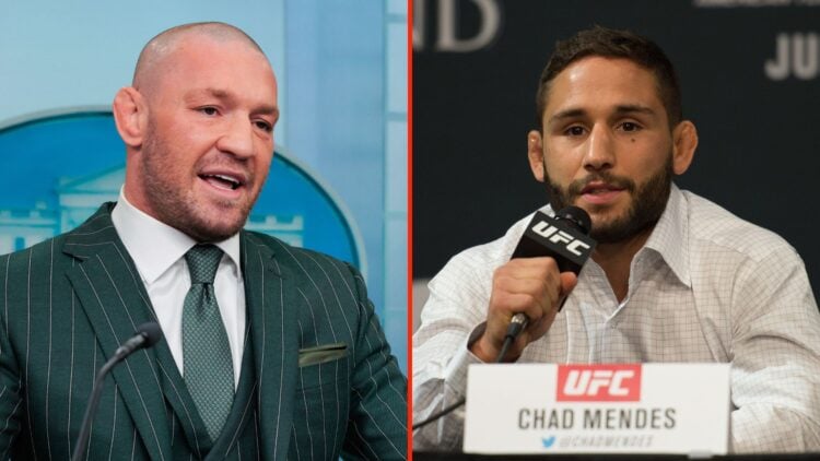 Former UFC champion and Irish businessman Conor McGregor briefly speaks with reporters alongside White House Press Secretary, and Chad Mendes speak...