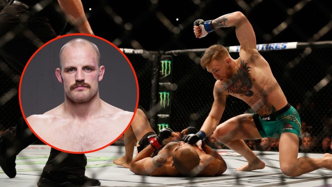 Conor McGregor of Ireland (top) punches Jose Aldo of Brazil in their UFC featherweight championship bout. Inset, Gunnar Nelson.