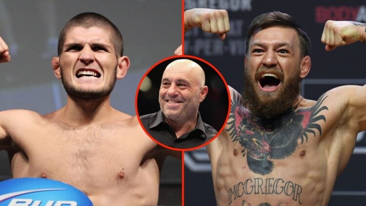 Split image as Conor McGregor poses during a ceremonial weigh-in for UFC 229 at T-Mobile Arena, and Khabib Nurmagomedov makes weight during the UFC...