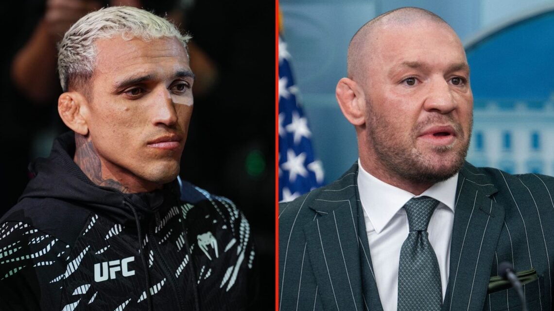 Split image of Conor McGregor speaking at the White House, and Charles Oliveira seen in the corner for Ian Machado Garry of Ireland.