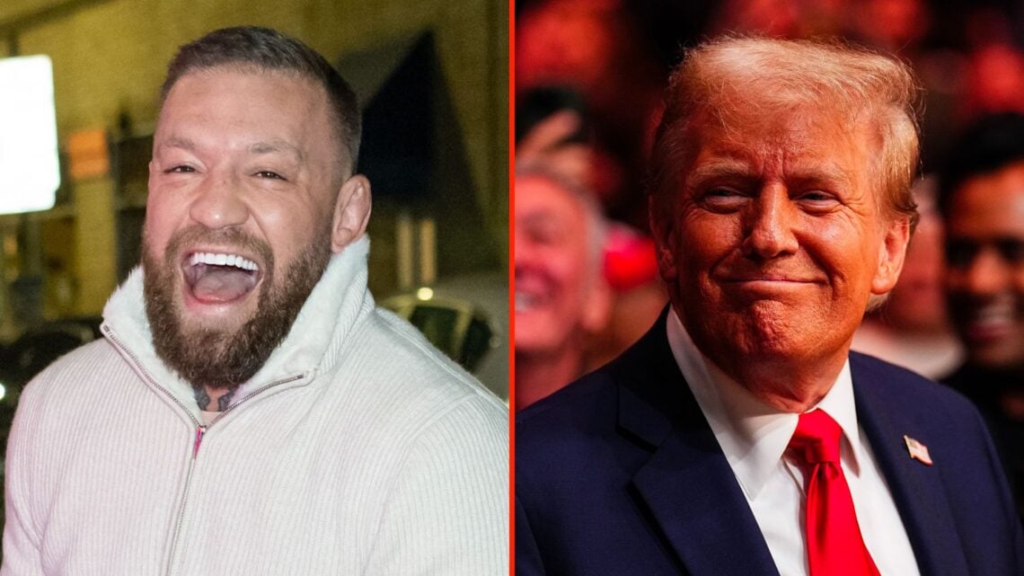 Split image of Conor McGregor arriving to Oscar's Tavern, and Donald Trump.