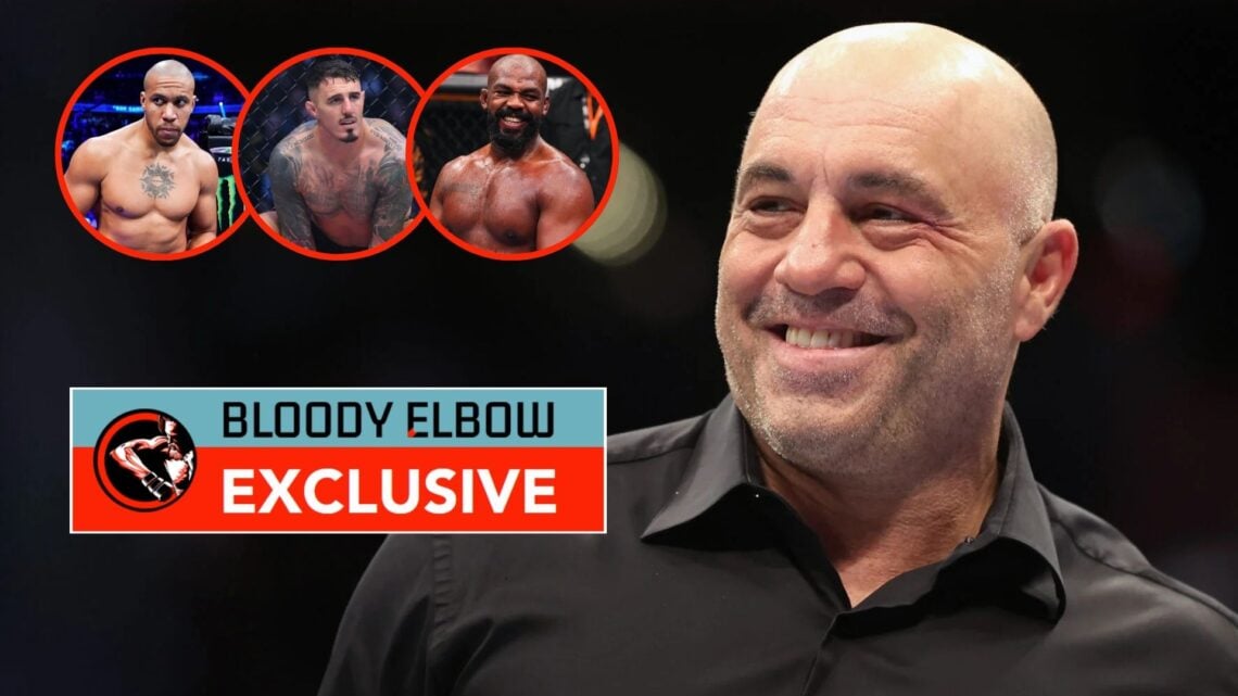 Image of UFC commentator Joe Rogan, insert left-to-right; Ciryl Gane, Tom Aspinall, and Jon Jones.