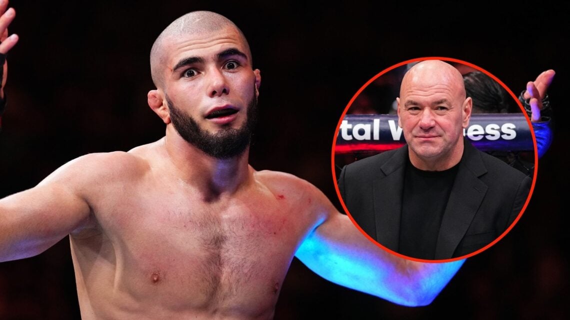 Muhammad Mokaev of Russia reacts after a flyweight bout against Manel Kape. Inset, UFC CEO Dana White prepares to place the belt around the waist o...