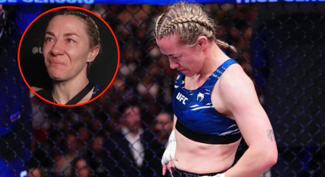Image of Molly McCann reacting to losing at UFC London with an screenshot inset of her crying during a post-fight interview