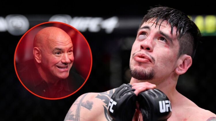 Brandon Moreno of Mexico reacts after his flyweight championship bout. Inset, UFC CEO Dana White reacts after a knockout victory by Jean Silva agai...