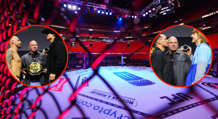 Pre-event view of the Kaseya Center in Miami, Florida, inset Volkanovski/Lopes and Chandler/Pimblett faceoffs.