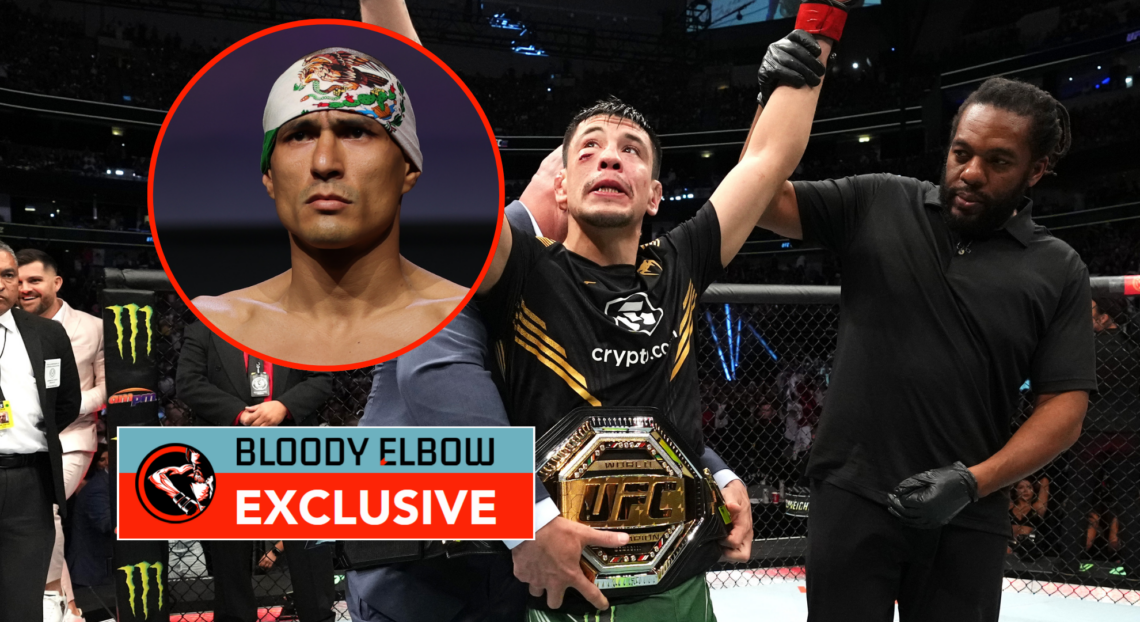 Brandon Moreno being presented with the UFC title in the main picture. Edgar Chairez in bubble, with overlay text that reads BLOODY ELBOW EXCLUSIVE