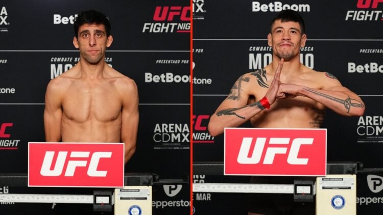 Brandon Moreno of Mexico poses on the scale during the UFC Fight Night official weigh-in, and Steve Erceg of Australia poses on the scale during th...