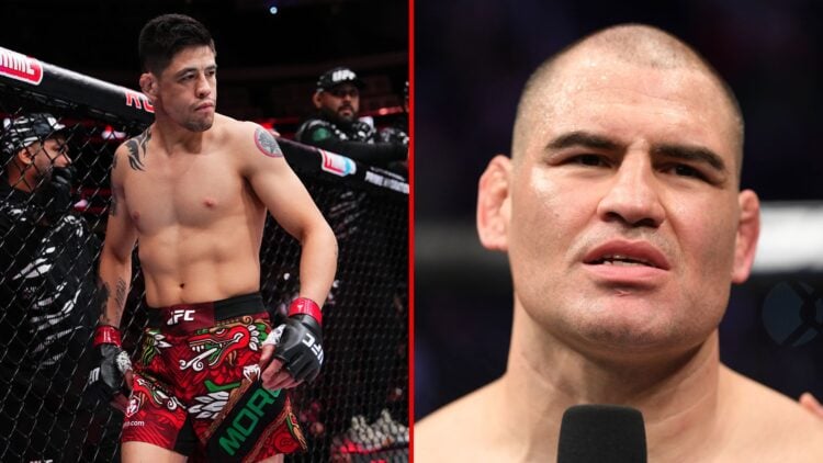 Image of Randon Moreno of Mexico prepares to face Amir Albazi of Iraq in a flyweight fight during the UFC Fight Night even with an inset of Cain Ve...