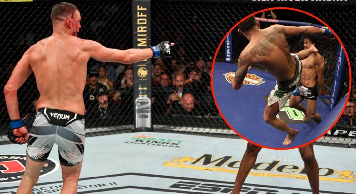 Nate Diaz during his fight with Leon Edwards with an inset of Anthony Pettis kicking Benson Henderson