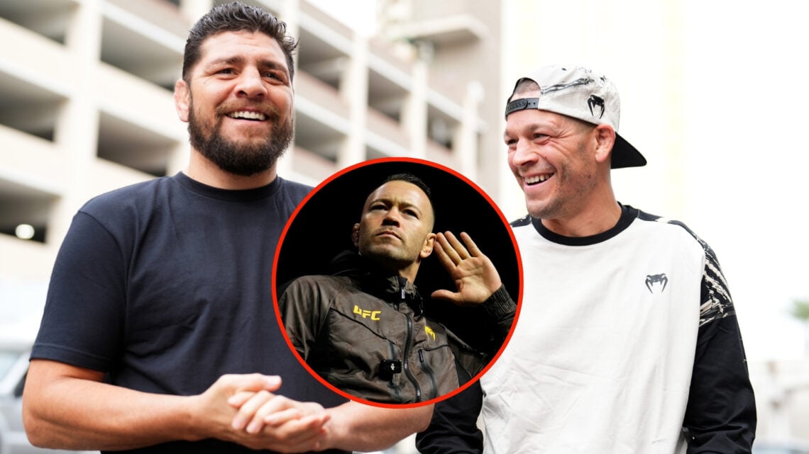 Nate Diaz and brother Nick arrive prior to the UFC 279 ceremonial weigh-in with an inset of Colby Covington poses on the scale.