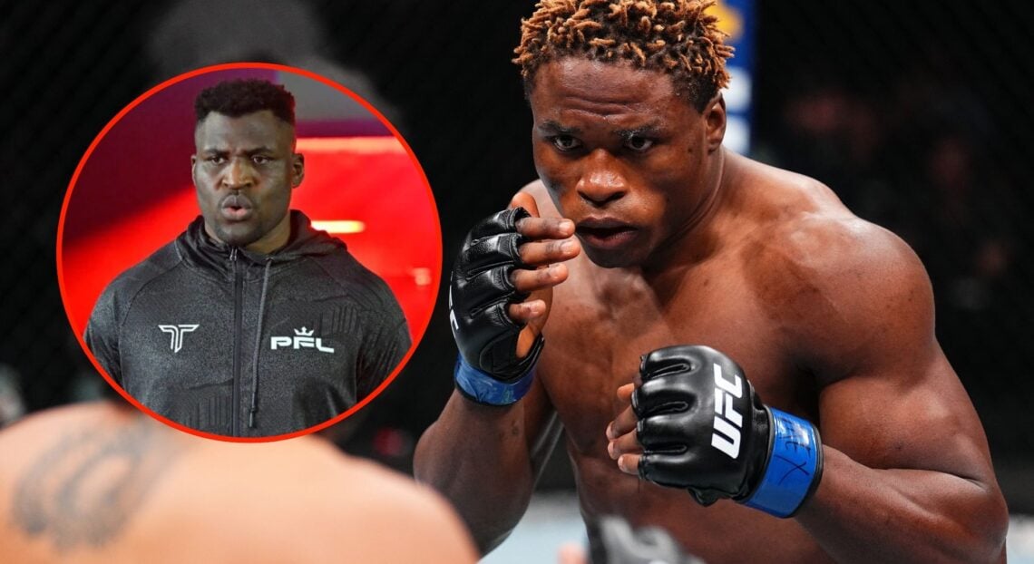 Image of Ateba Gautier at UFC Mexico City with an inset of Francis Ngannou