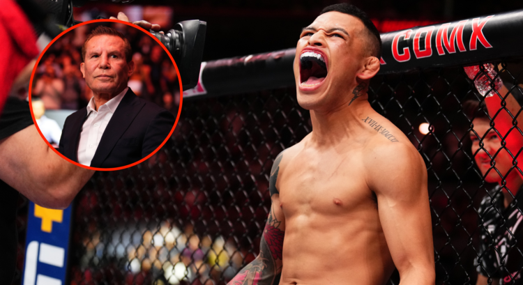 Ronaldo Rodriguez reacts during his intro at UFC Mexico City, inset Julio Cesar Chavez Sr.