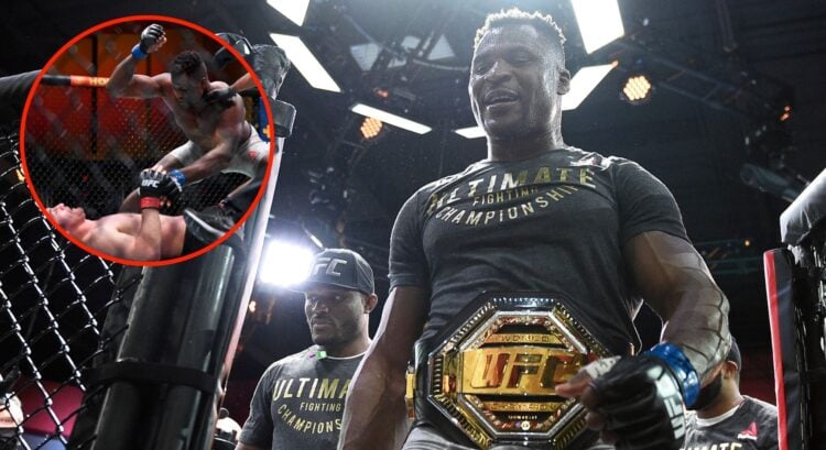 Image of Francis Ngannou. Inset, Ngannou vs Miocic 2