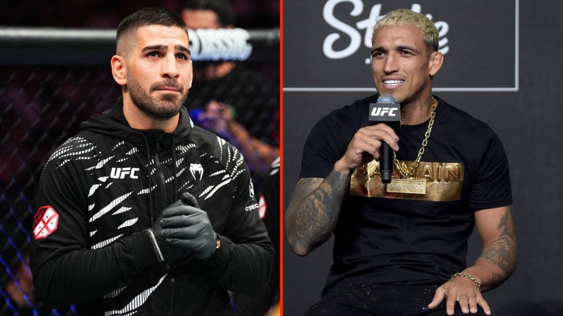 Side by side image of UFC fighters Ilia Topuria and Charles Oliveira.