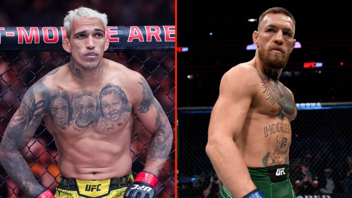 Charles Oliveira of Brazil looks on against Arman Tsarukyan in their lightweight fight, and Conor McGregor of Ireland prepares to fight Dustin Poir...