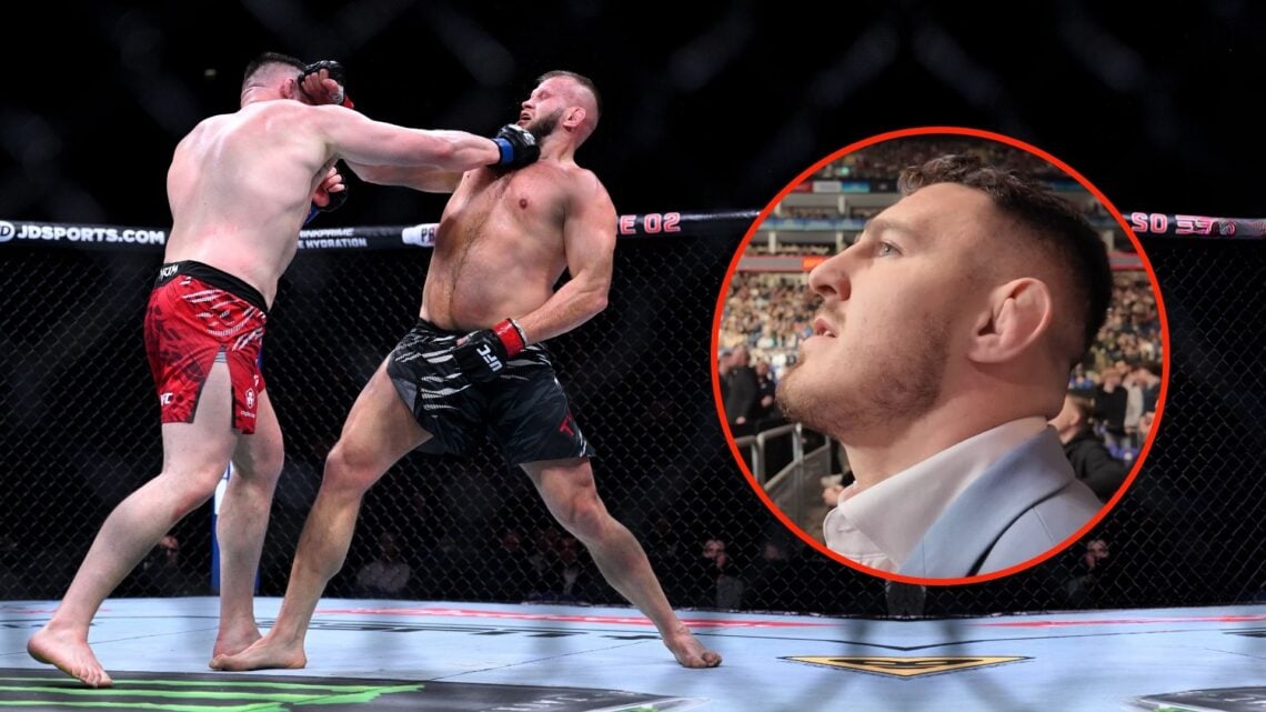 Marcin Tybura punches Mick Parkin during the Heavyweight fight between Marcin Tybura and Mick Parkin at The O2 Arena. Inset, a screenshot from Tom ...