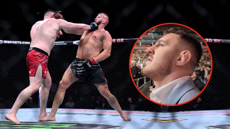 Marcin Tybura punches Mick Parkin during the Heavyweight fight between Marcin Tybura and Mick Parkin at The O2 Arena. Inset, a screenshot from Tom ...