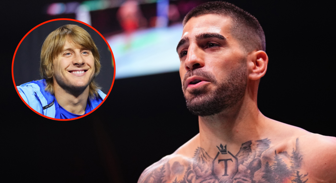 Image of Ilia Topuria during his walkout at UFC 308, inset Paddy Pimblett at a UFC 314 press conference.