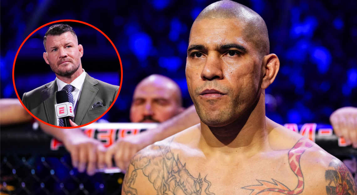 Image of Alex Pereira staring down Magomed Ankalaev during the UFC 313 fighter introductions, inset Michael Bisping during the UFC Fight Night: Cej...
