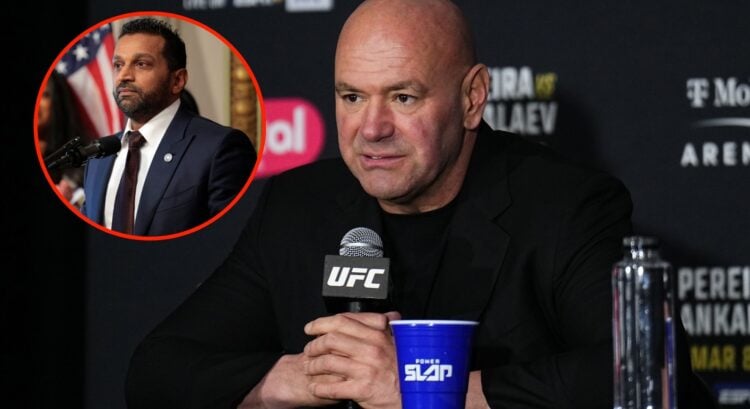 Image of Dana White after UFC 313 with an inset of FBI Director Kash Patel