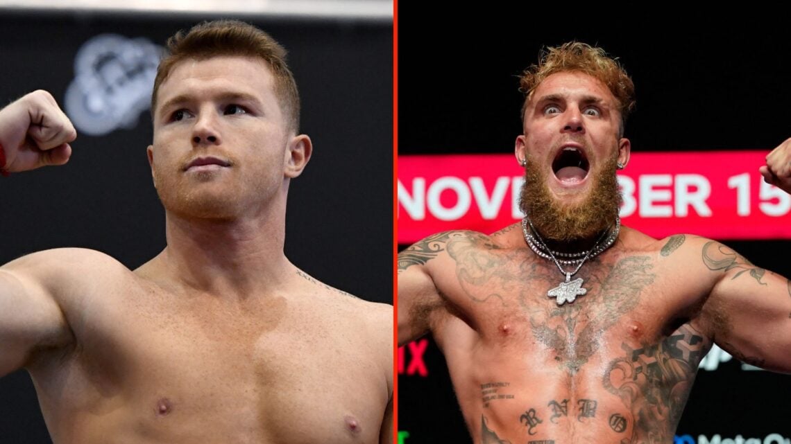 Split Image of US boxer, actor and YouTuber Jake Paul gestures during his weigh-in ahead of his heavyweight boxing match against Former US heavywei...
