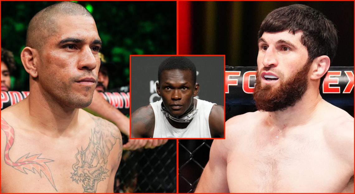 Split image of Alex Pereira staring down Khalil Rountree Jr. at UFC 307, opposite Magomed Ankalaev reacting during a fight against Johnny Walker, i...