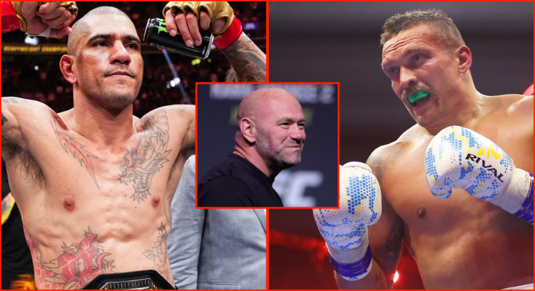Split image of Alex Pereira celebrating after UFC 303, opposite Oleksandr Usyk boxing, inset Dana White at UFC 277 ceremonial weigh-in.