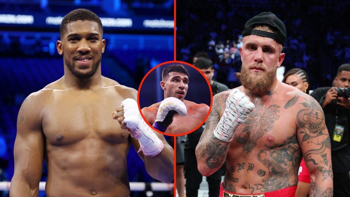 Jake Paul celebrates after scoring a tko in the first round against Ryan Bourland, and Anthony Joshua celebrates victory following the Heavyweight ...