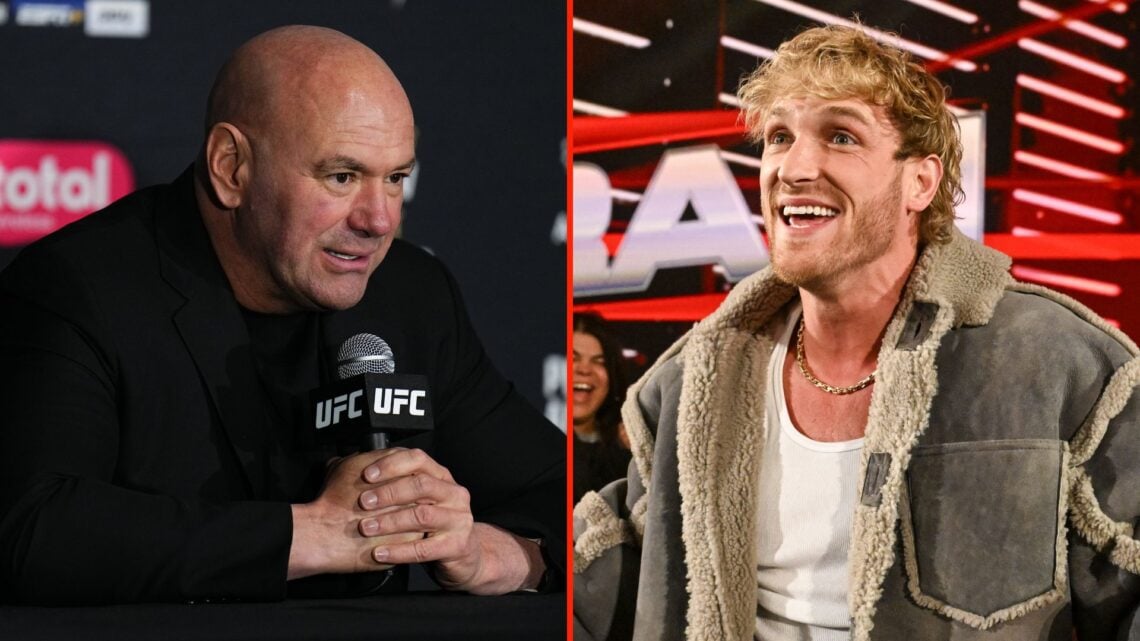 Split image as Logan Paul celebrates during Monday Night RAW at Heritage Bank Center, and UFC CEO Dana White holds a press conference after the UFC...